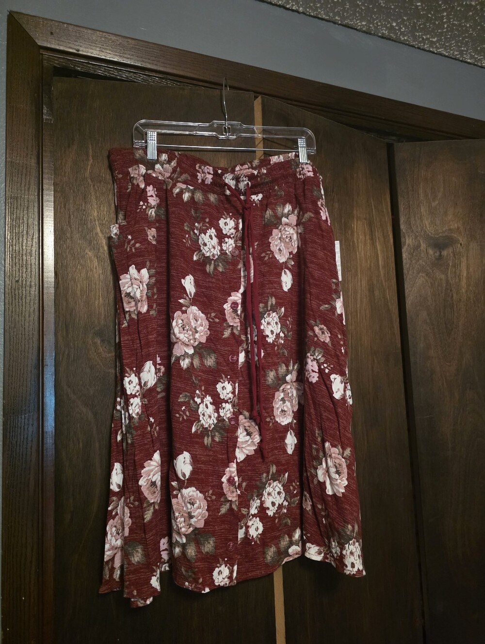 Floral Drawstring Midi Skirt in Burgundy